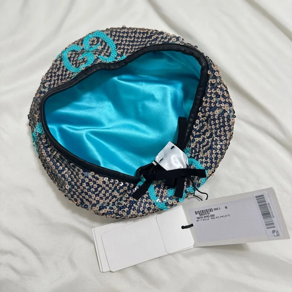 NWT Gucci Sequin Beret in Black and Teal genuine leather hem size M - Picture 3 of 9